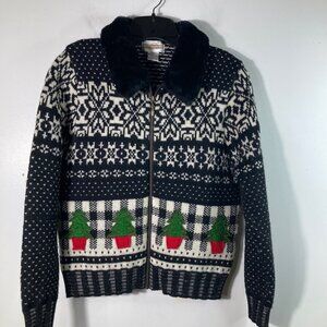 Womens Vintage Cambridge Dry Goods Wool Fair Isle Christmas Sweater Full Zip Bla